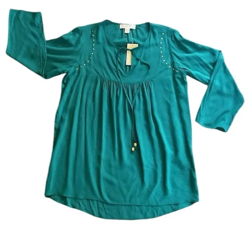 Michael Michael Kors Teal Peasant Blouse XS NWT Boho Top Gold Stud Detail Retro